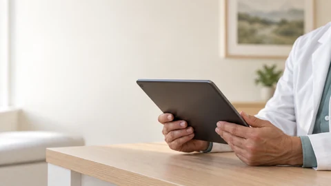 A clinician holds a tablet in a campus clinic — generated image