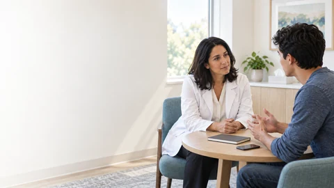 A physician listens to an adult student in a campus clinic — generated image