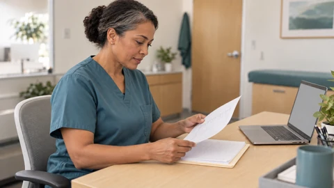 Nurse reviews record — generated campus-care image