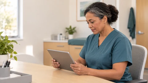 Nurse reviews a record on a tablet — generated campus-care image