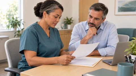 Nurse and administrator review records — generated campus-care image