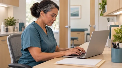 Nurse prepares records for the term — generated campus-care image