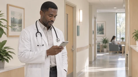 Provider on phone — generated campus-care image