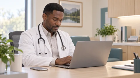 Physician at a clinic workstation — generated campus-care image