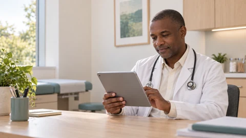 Tablet in clinic — generated campus-care image