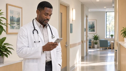 Physician checks a phone in the clinic — generated campus-care image