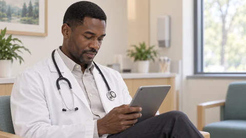 Tablet and clinician — generated campus-care image